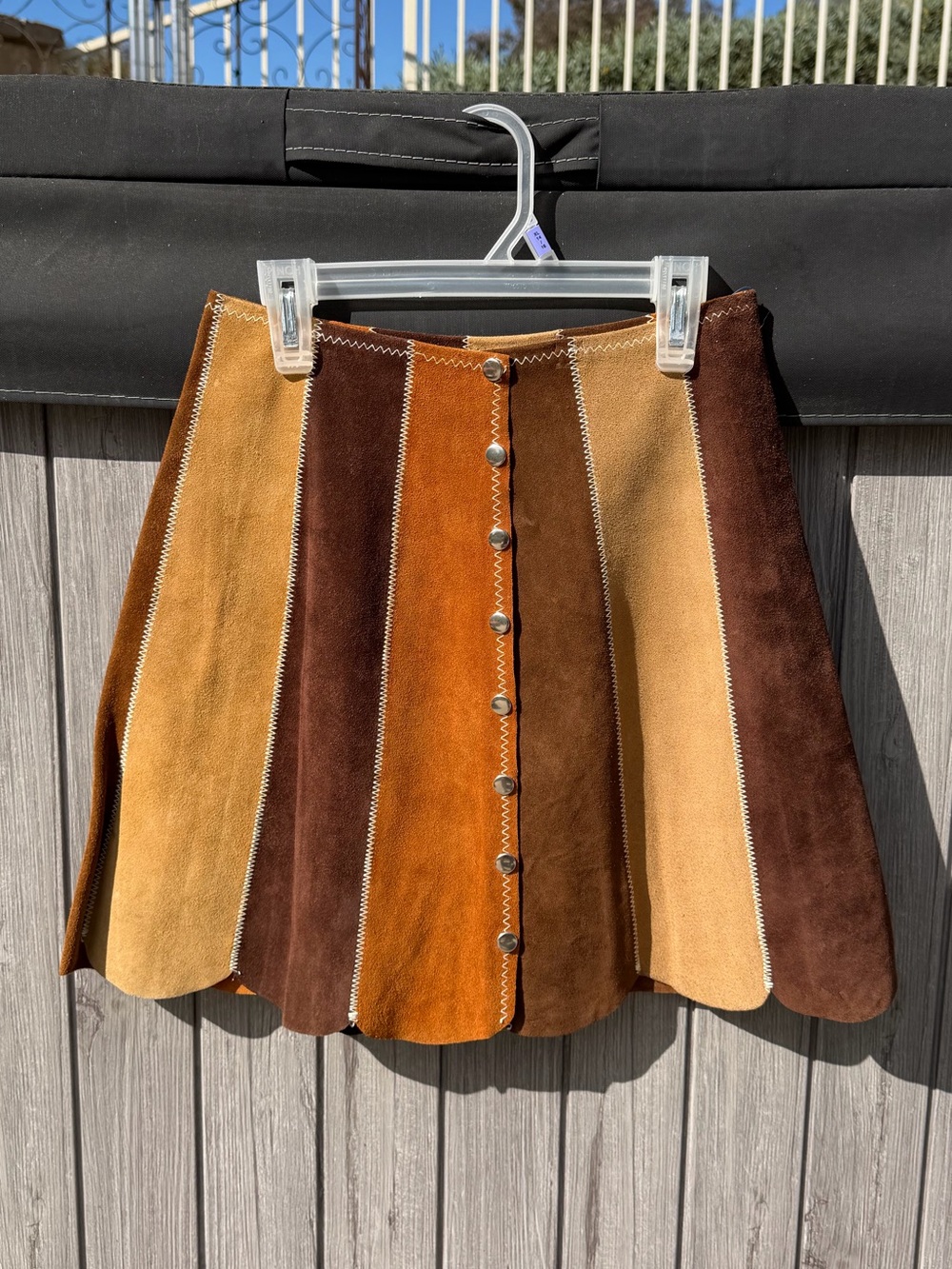 Vintage XS 60s 70s Suede Patchwork Skirt Snap Button Front Boho Brown Tan Beige